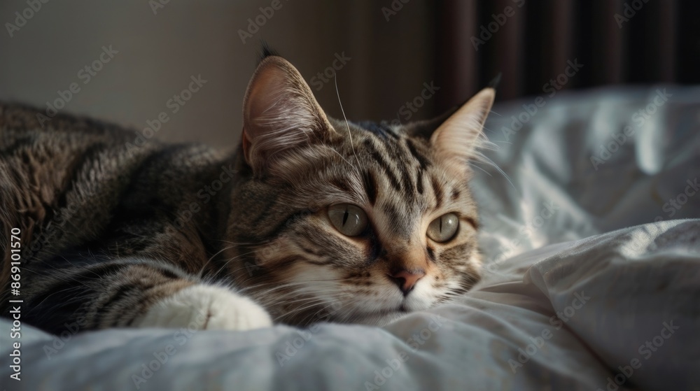 a cat lying on a bed with a white blanket a cat lying on a bed with a white blanket