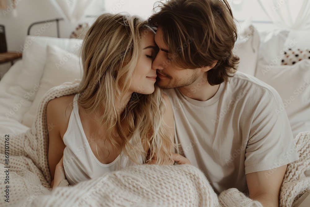 A young couple in love, sitting on the bed and kissing each other under a white blanket at home. The woman has long blonde hair and wears a t-shirt while the man is wearing a short-sleeve shirt with b A young couple in love, sitting on the bed and kissing each other under a white blanket at home. The woman has long blonde hair and wears a t-shirt while the man is wearing a short-sleeve shirt with b