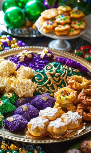 Colorful Mardi Gras dessert tray featuring king cake and beignets