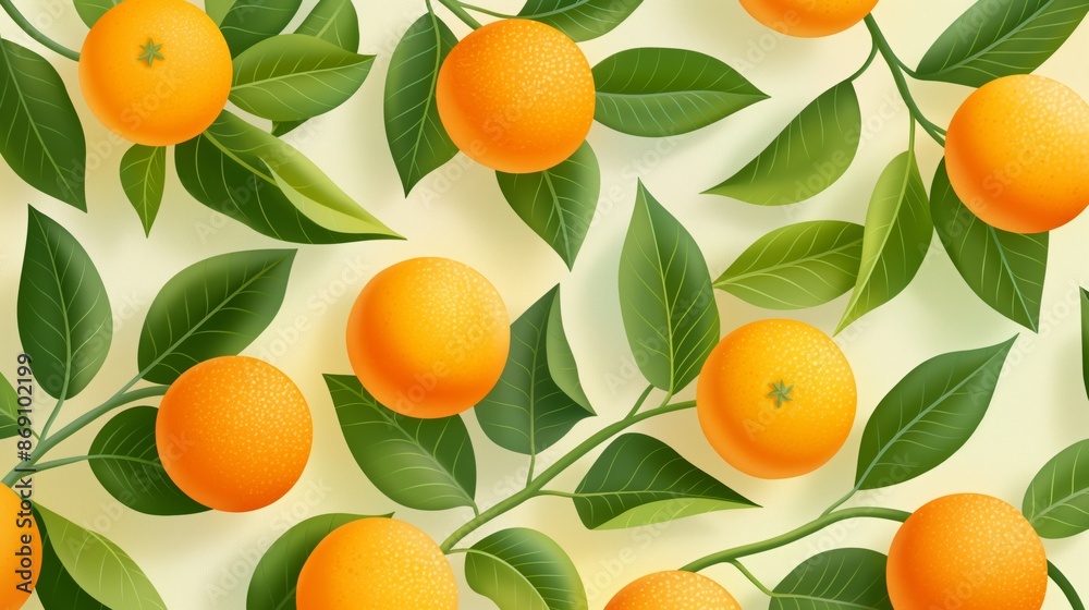 Illustration of a ripe oranges hanging from green branches on a sunny day. Illustration of a ripe oranges hanging from green branches on a sunny day.