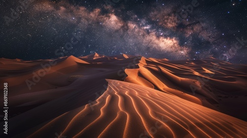 Otherworldly Desert Landscape Under Starry Sky AI Generated. photo