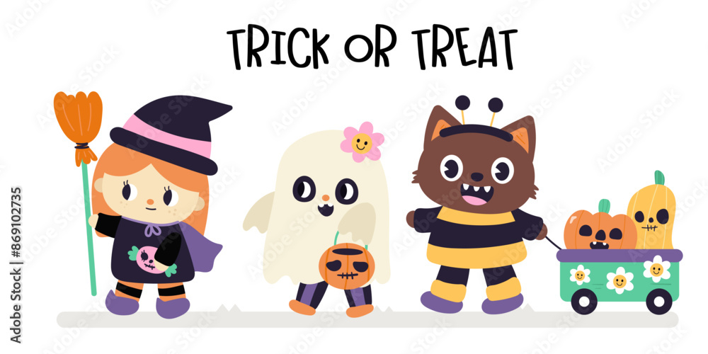 Fototapeta premium halloween card with witch girl ghost clipart and fox with pumpkins Groovy