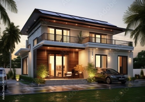small medium house for sale in bangkok, in the style of realistic rendering, solar cell roof, frontal perspective