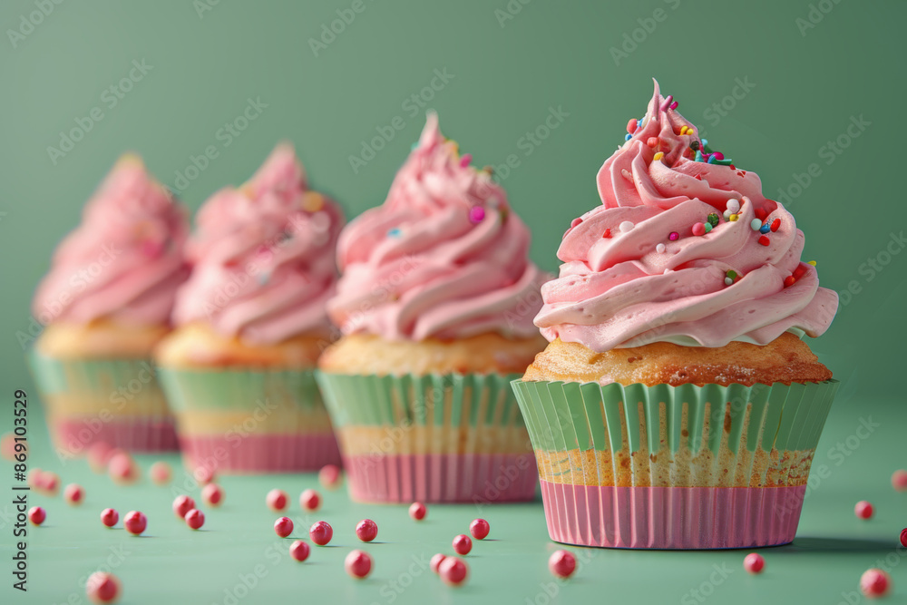 Pink Cupcakes with Sprinkles on a Green Background Pink Cupcakes with Sprinkles on a Green Background