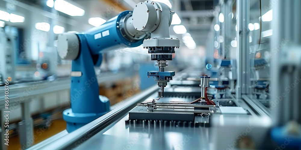 3d rendering robotic arm working on production line in factory. Smart industry 4.0 concept 3d rendering robotic arm working on production line in factory. Smart industry 4.0 concept