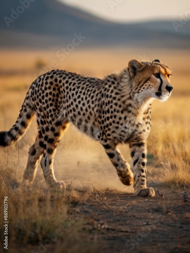 a cheetah walking across the plains
