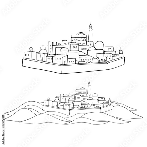 Middle east antique city castle fort in desert line vector illustration set. Outline ink simple sketch for Biblical and Arabic ancient history designs. Jerusalem or Bethlehem drawing