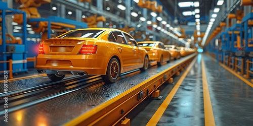 Wallpaper Mural 3d rendering orange car on the conveyor belt in factory. Torontodigital.ca