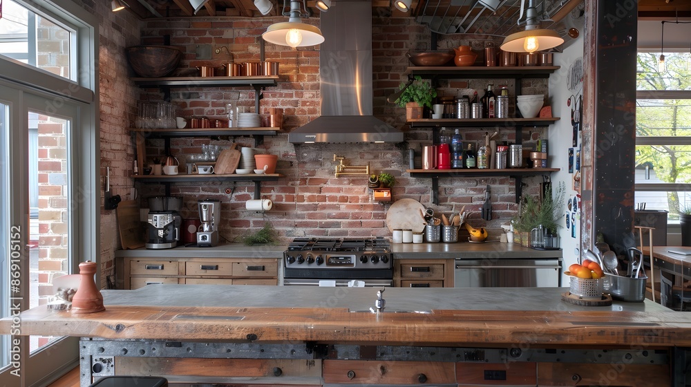 Industrial Kitchen: Utilitarian design with raw, unfinished materials. Exposed brick, metal fixtures, open shelving, and reclaimed wood accents with concrete countertops. Industrial Kitchen: Utilitarian design with raw, unfinished materials. Exposed brick, metal fixtures, open shelving, and reclaimed wood accents with concrete countertops.