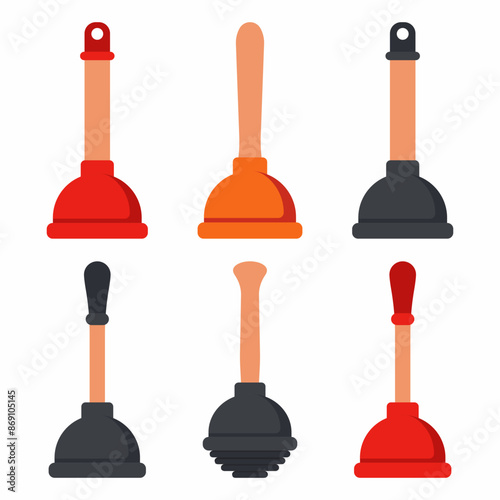 Toilet plungers vector cartoon set isolated on a white background.