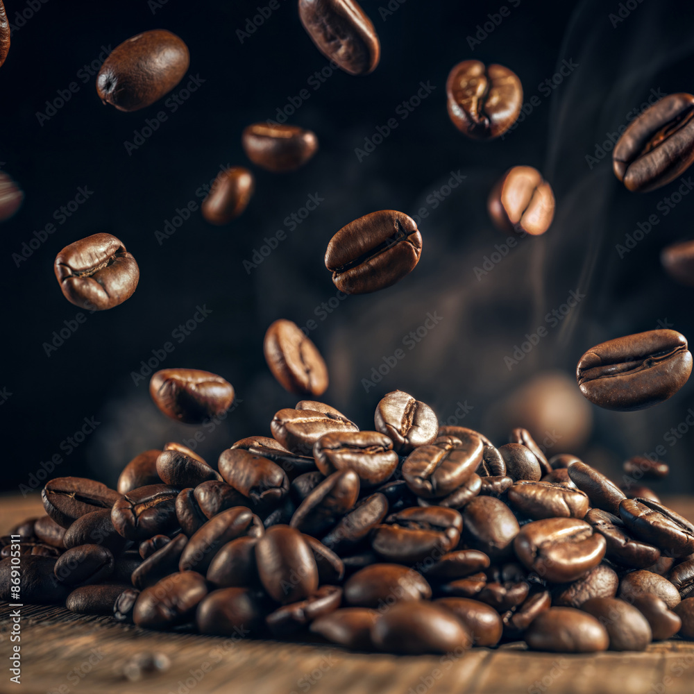 Roasted coffee beans falling on heap against dark background, closeup Roasted coffee beans falling on heap against dark background, closeup