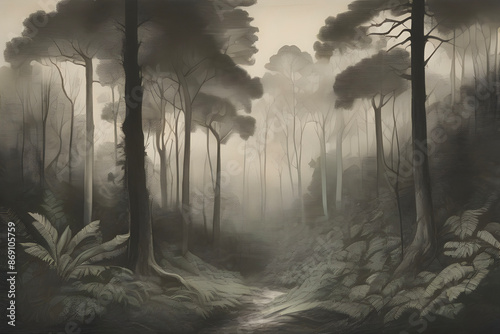 Enchanting aquatint print captures forest and tree landscapes. photo