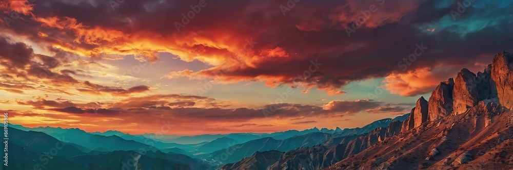Dark Sunset over rocky cloudy mountains, Wide Background Dark Sunset over rocky cloudy mountains, Wide Background