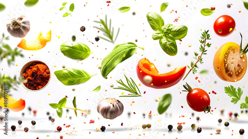 Floating Spices and Herbs on White Background Healthy Cooking Ingredients
