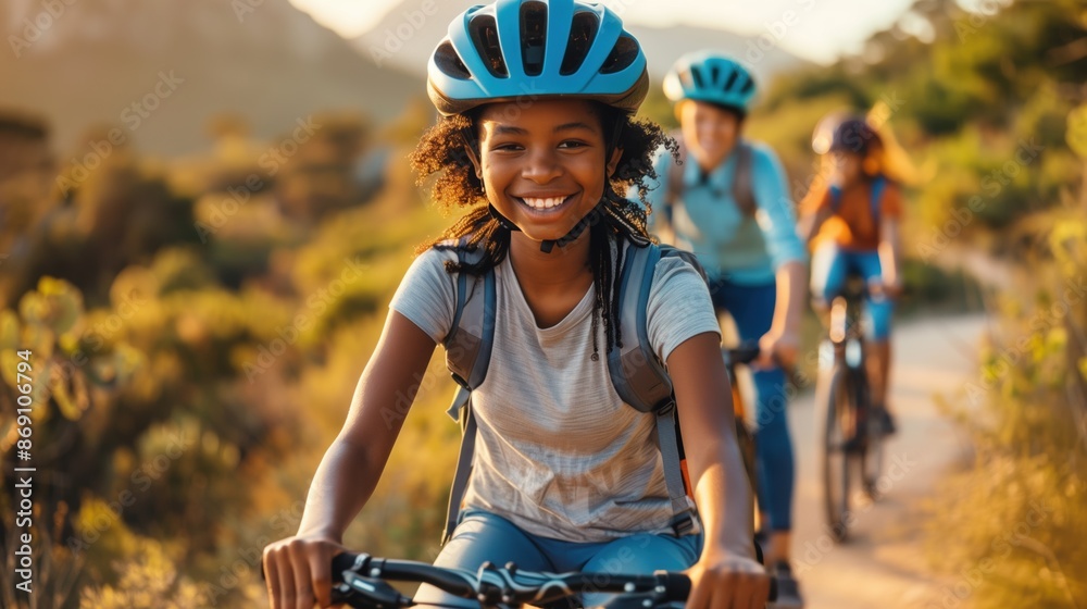 A family riding bicycles along a scenic trail with helmets, enjoying the sunny weather and beautiful nature, representing a healthy and active lifestyle, with smiling faces and a sense of adventure an A family riding bicycles along a scenic trail with helmets, enjoying the sunny weather and beautiful nature, representing a healthy and active lifestyle, with smiling faces and a sense of adventure an