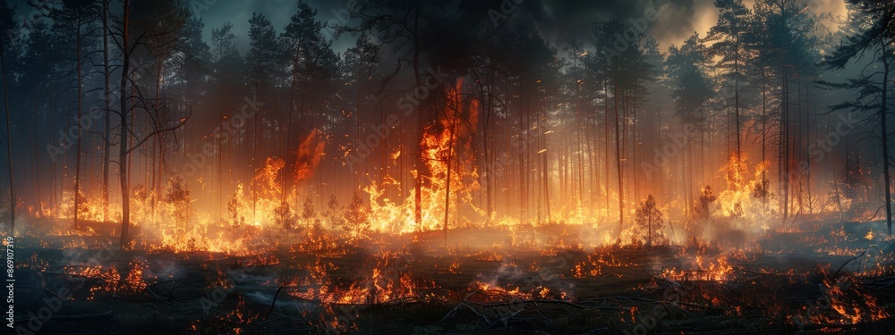 A forest ablaze with numerous fires, emitting copious amounts of smoke, during the midnight hour A forest ablaze with numerous fires, emitting copious amounts of smoke, during the midnight hour