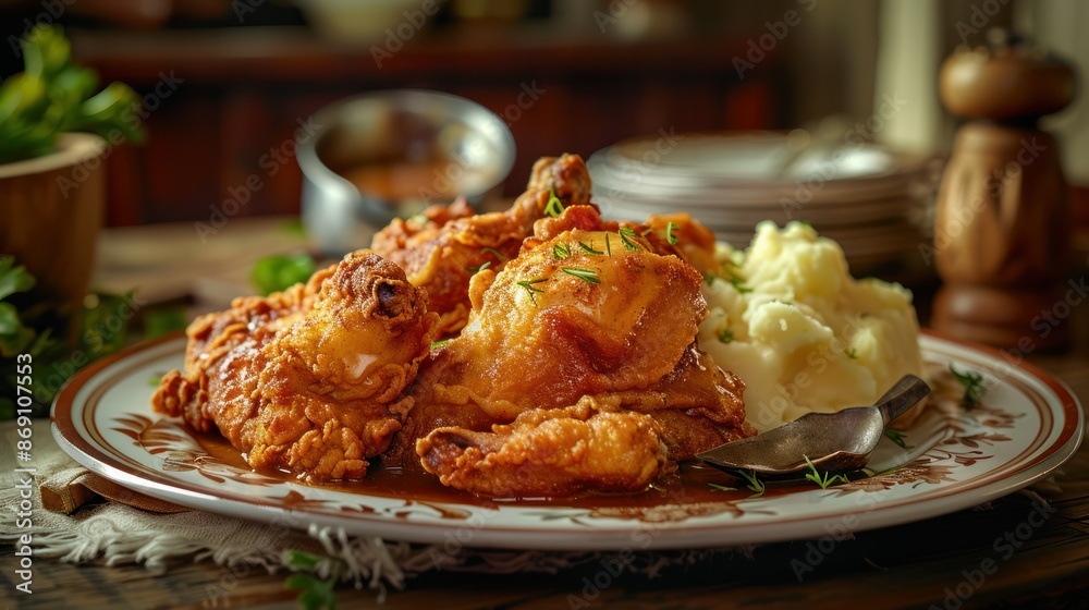 Delicious homemade fried chicken with a side of creamy mashed potatoes, served on a rustic wooden table, perfect comfort food meal. Delicious homemade fried chicken with a side of creamy mashed potatoes, served on a rustic wooden table, perfect comfort food meal.