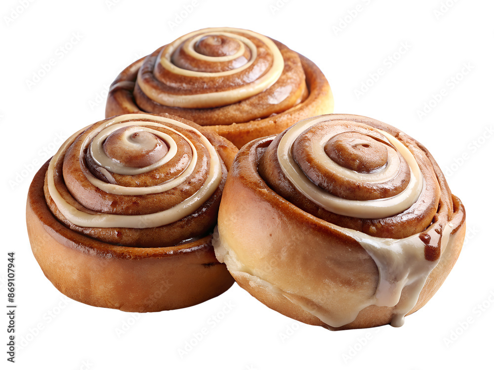 Fototapeta premium American Cinnamon Rolls Freshly baked cinnamon rolls with cream cheese icing, isolated on background