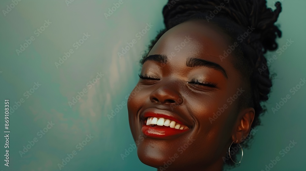 Joyful and Vibrant Dark Skinned Woman Smiling Brightly Against Mint Green Background