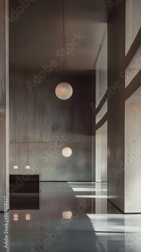 Elegant Minimalist Interior with Suspended Spheres of Muted Chromatic Lighting and Fluid Movement