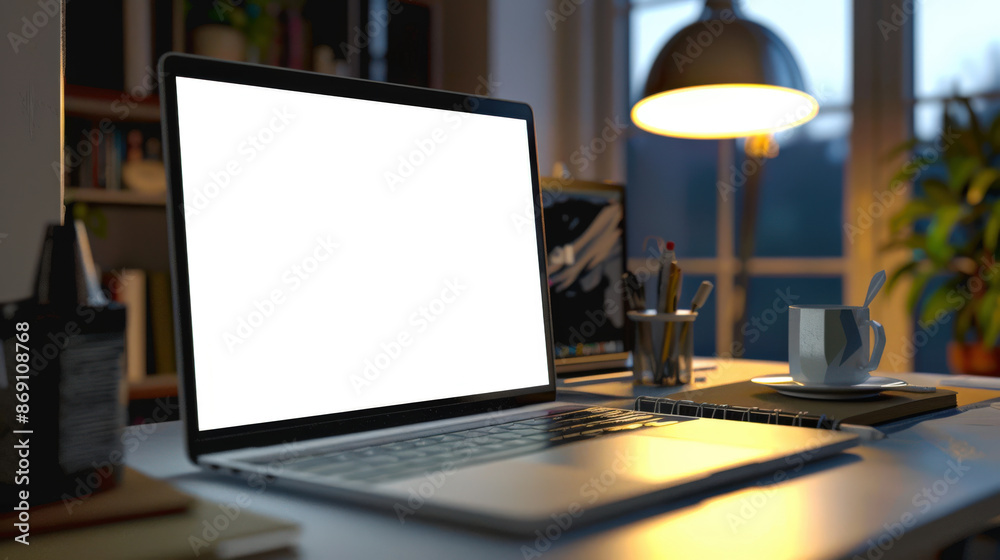 Laptop mockup in the home office. There is an open laptop on the desk with a cup of coffee and a cup with pens. The table is littered with books and other objects Laptop mockup in the home office. There is an open laptop on the desk with a cup of coffee and a cup with pens. The table is littered with books and other objects