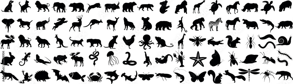 Animal silhouette vector set includes elephant, deer, dog, cat, fish, insects, reptiles, birds, marine creatures, perfect for design, wildlife projects, educational materials, children’s books Animal silhouette vector set includes elephant, deer, dog, cat, fish, insects, reptiles, birds, marine creatures, perfect for design, wildlife projects, educational materials, children’s books