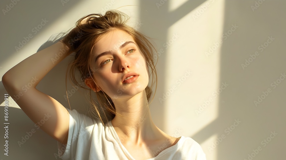 A Contemplative Woman in Soulful Reflection on Soft Luminous Backdrop A Contemplative Woman in Soulful Reflection on Soft Luminous Backdrop
