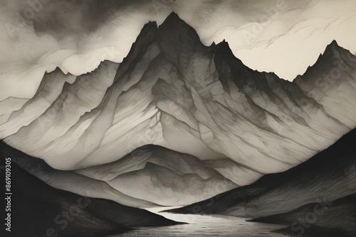 Majestic mountains rendered in aquatint splendor. photo