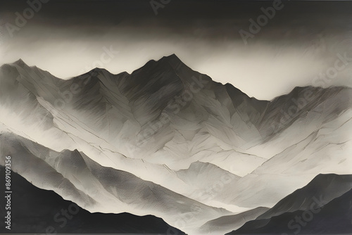 Majestic mountains rendered in aquatint splendor. photo