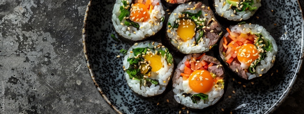 A plate with eggs, rice, and vegetables arranged atop a contrasting black-and-white dish A plate with eggs, rice, and vegetables arranged atop a contrasting black-and-white dish