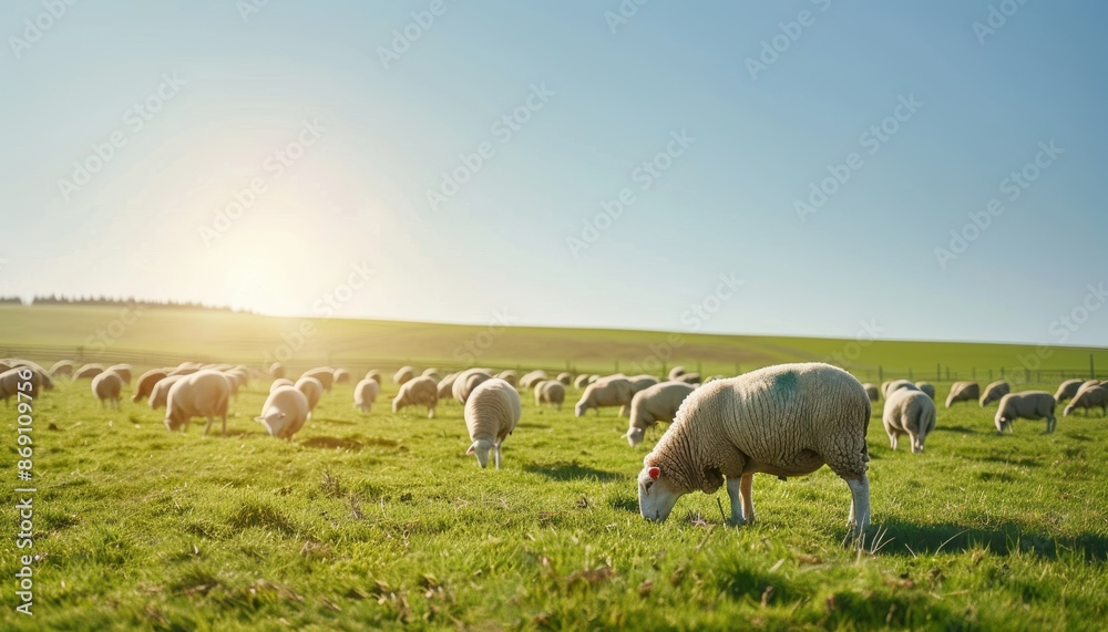 A tranquil scene of sheep grazing on a lush green pasture under a clear blue sky with the sun shining in the background. A tranquil scene of sheep grazing on a lush green pasture under a clear blue sky with the sun shining in the background.