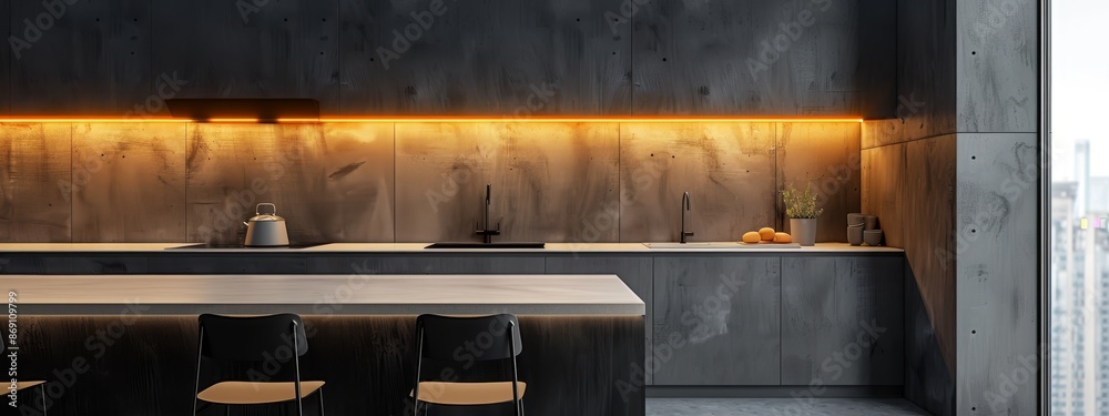  A kitchen boasting ample counter space, accommodated by numerous stools along the counters