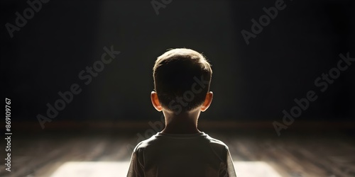 Child afraid to face inner demons in dark room exploring psychology through art. Concept Childhood fears, Psychology exploration, Art therapy, Facing inner demons, Dark room exploration photo