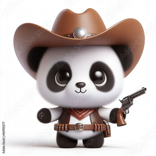 3d Cute fluffy panda character dressed as a cowboy, white background