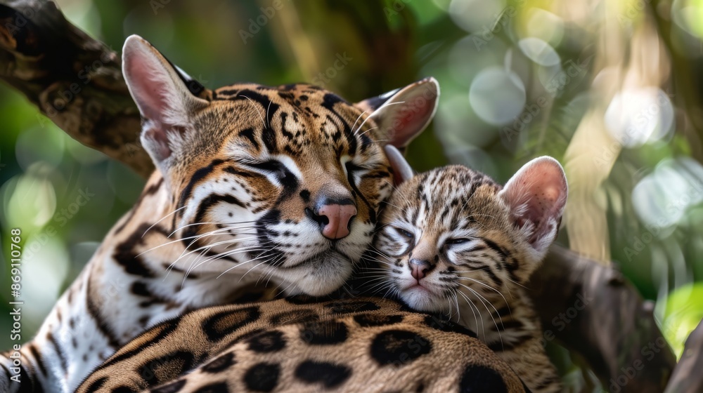 A heartwarming photo of a male margay and its adorable kitten napping in a beautiful natural environment