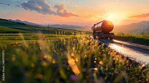 A fuel tanker truck drives along a narrow country road, with the setting sun casting a warm glow over the surrounding lush green hills