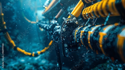 A close-up view of an underwater exploration robot inspecting a power transmission cable, showcasing the intricate design of the robots mechanical parts photo