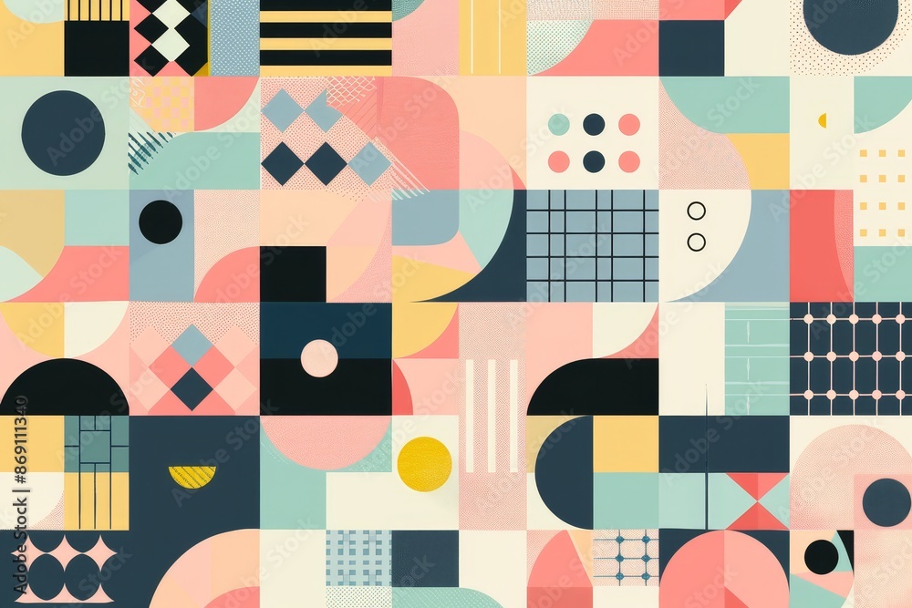 Pastel-colored abstract pattern featuring circles and squares in a vibrant design, Abstract geometric patterns in pastel colors Pastel-colored abstract pattern featuring circles and squares in a vibrant design, Abstract geometric patterns in pastel colors