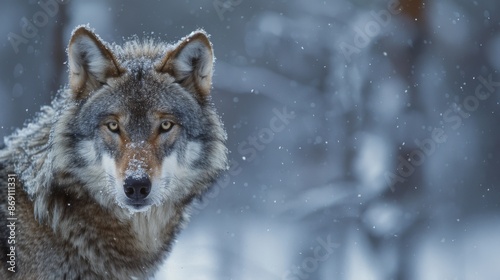 A close-up portrait of a gray wolf in a snowy forest, its fur blending seamlessly with the wintery background