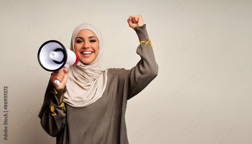 Empowered woman in beige, with a megaphone and confident smile, on a neutral background Empowered woman in beige, with a megaphone and confident smile, on a neutral background