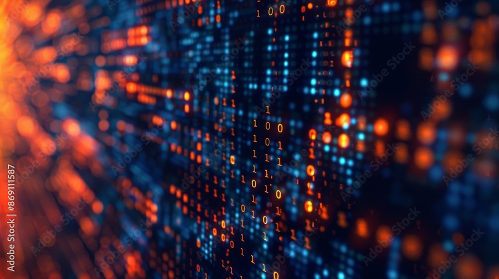 A closeup of an abstract digital interface with a pixelated data stream and glowing binary code elements A closeup of an abstract digital interface with a pixelated data stream and glowing binary code elements