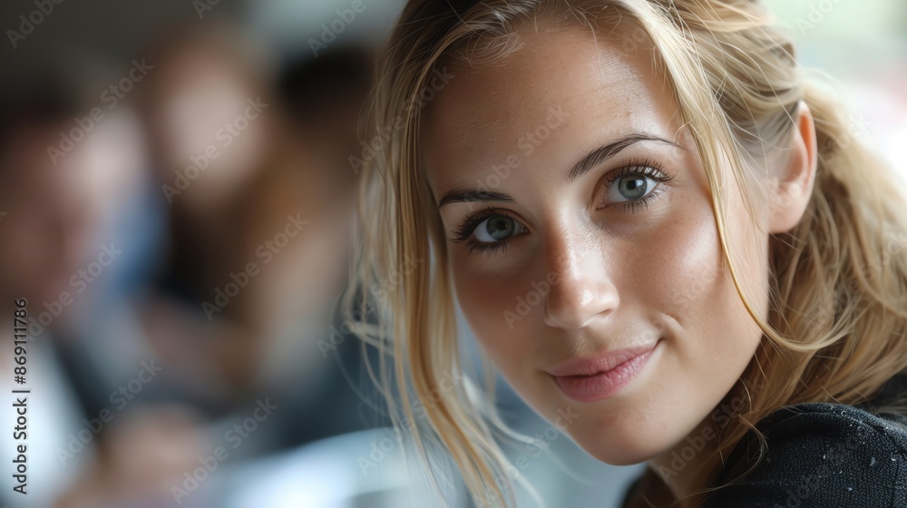 Create a close-up of a female executive taking notes during a business seminar, with a clear focus on her expression and a clean background with lots of copy space. Create a close-up of a female executive taking notes during a business seminar, with a clear focus on her expression and a clean background with lots of copy space.
