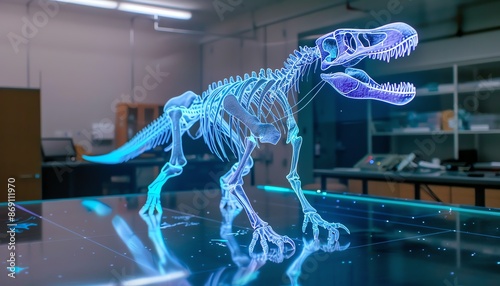 Holographic projection of a prehistoric creature in a paleontology lab, ancient science, interactive paleontology photo