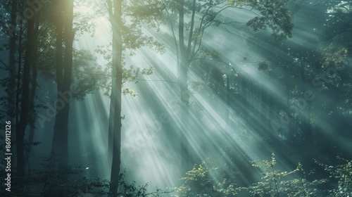 Foggy forest with light rays penetrating through the trees, creating a mystical atmosphere. Natural lighting,