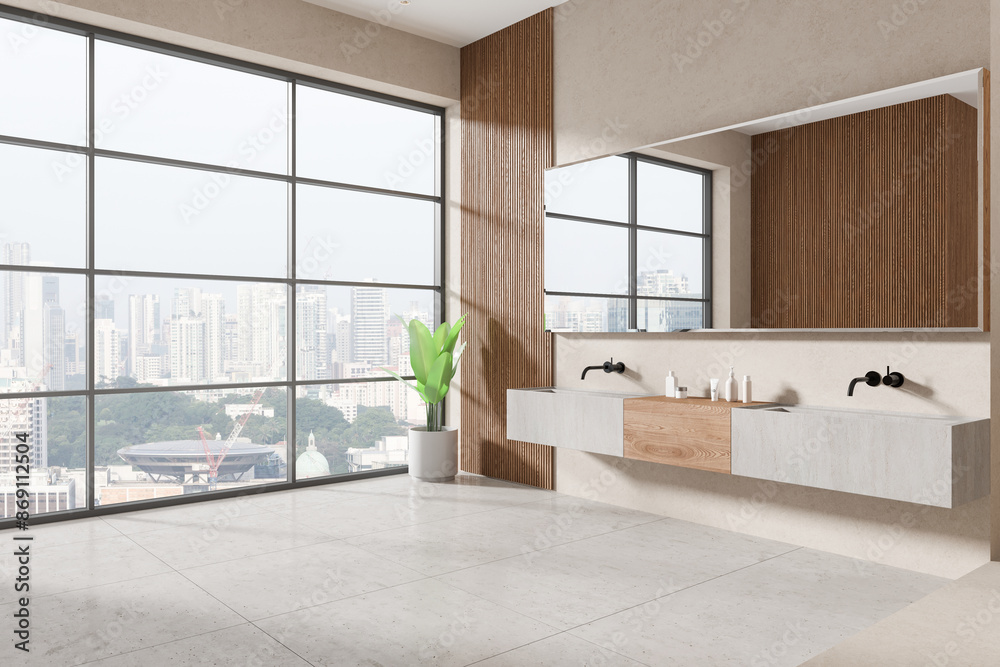 Modern bathroom with double vanity and large windows, contemporary design, urban city view. 3D Rendering Modern bathroom with double vanity and large windows, contemporary design, urban city view. 3D Rendering