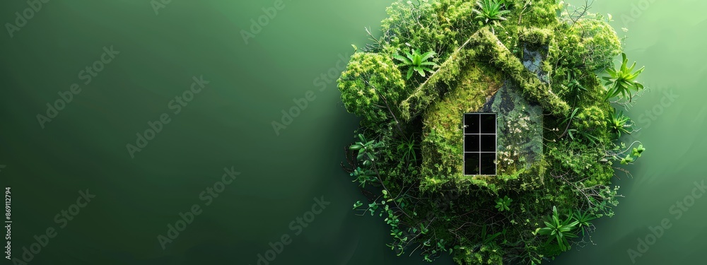Naklejka premium A house-shaped structure crafted from plants against a verdant backdrop Includes a window formed as a mini house