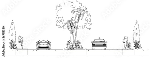 Vector sketch illustration of architectural engineering drawing design of highway section in city with plants and vehicles