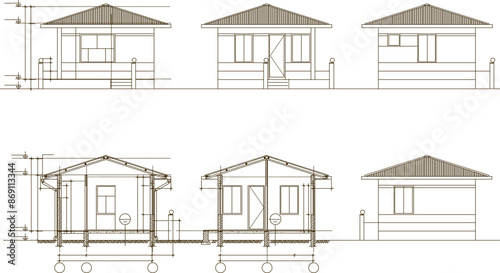 Vector sketch illustration of simple house architectural engineering drawing design