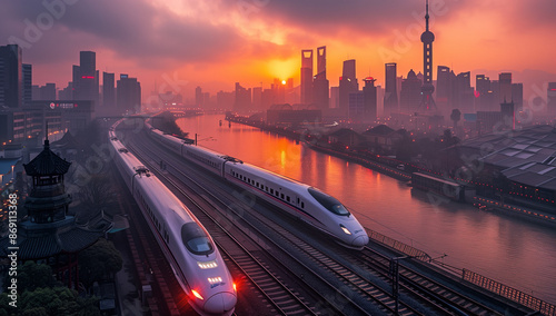 China's high-speed rail runs in a modern city at sunset