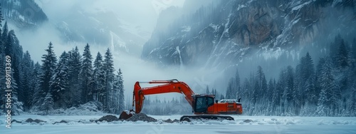  A red excavator sits in the midst of a snow-covered field, framed by a distant mountain